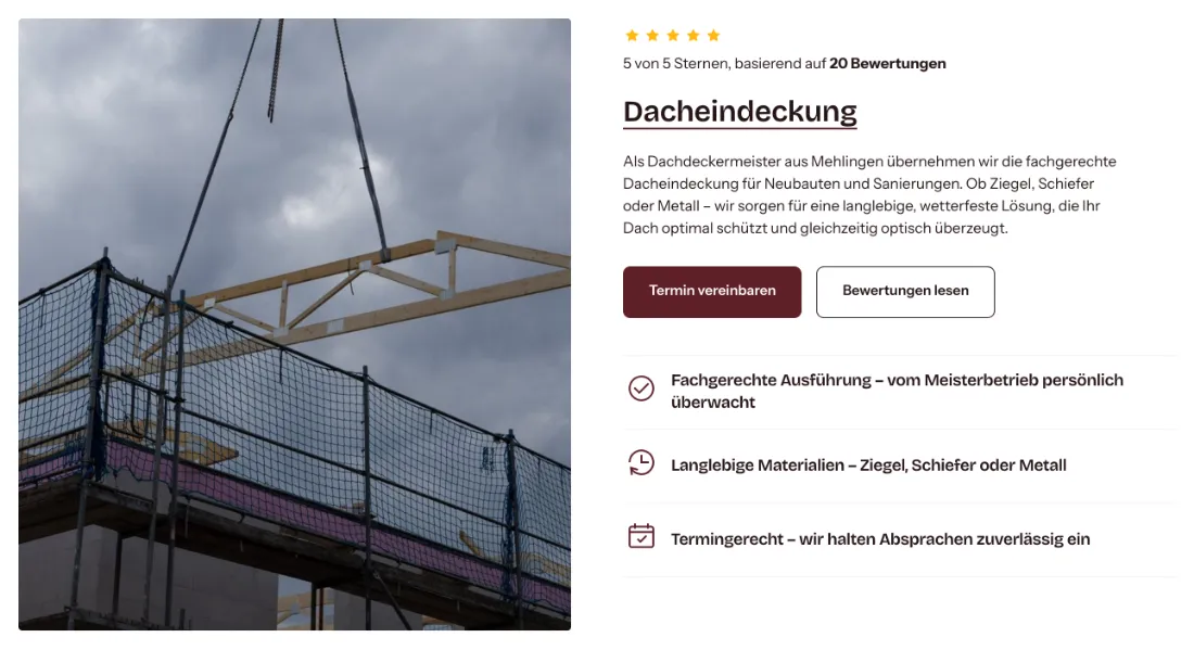 Ausschnitt der Website von M&W Bedachungen, Landkreis Kaiserslautern: 5 von 5 Sternen aus 20 Bewertungen stehen über der Leistung — wer prüft, bekommt Belege für Qualität, ohne lange zu suchen.
