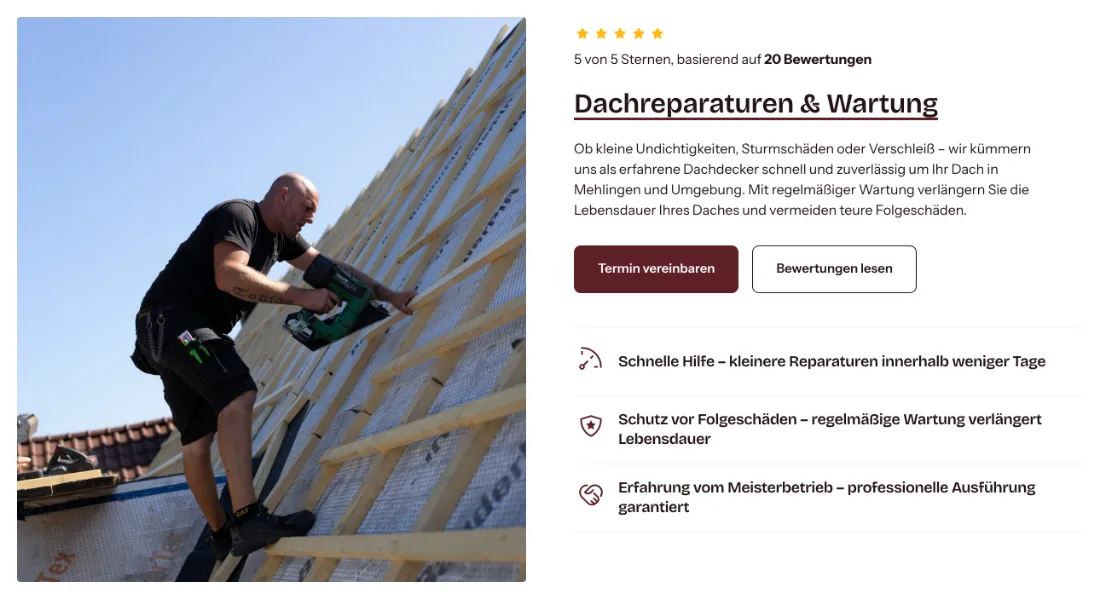 Ausschnitt der Website von M&W Bedachungen, Landkreis Kaiserslautern: Konkretes Serviceversprechen: kleinere Reparaturen in wenigen Tagen — der Besucher kalkuliert, wie schnell Hilfe kommt.