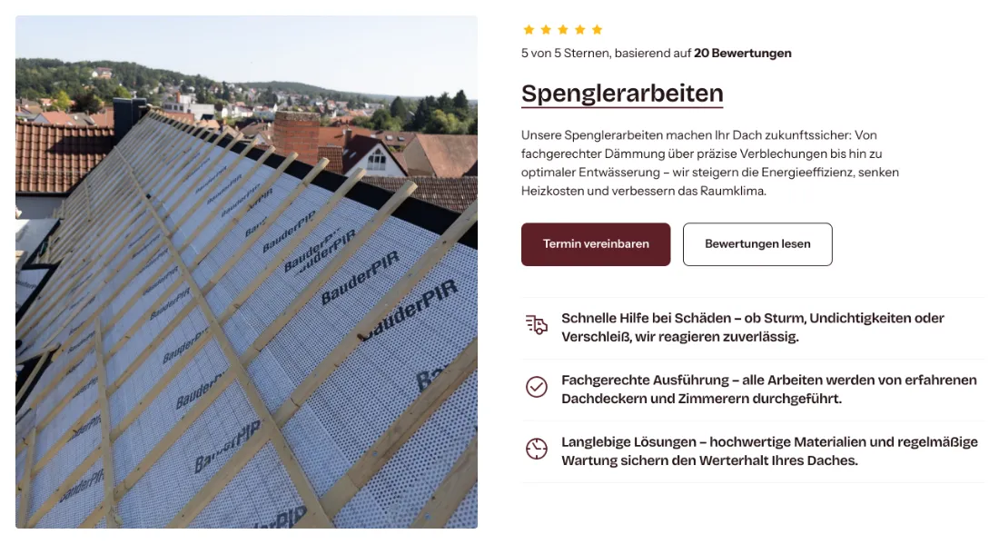 Ausschnitt der Website von M&W Bedachungen, Landkreis Kaiserslautern: Text erklärt die Wirkung der Spenglerarbeiten — wer plant, versteht Einsparungen bei Heizkosten und besseres Raumklima.