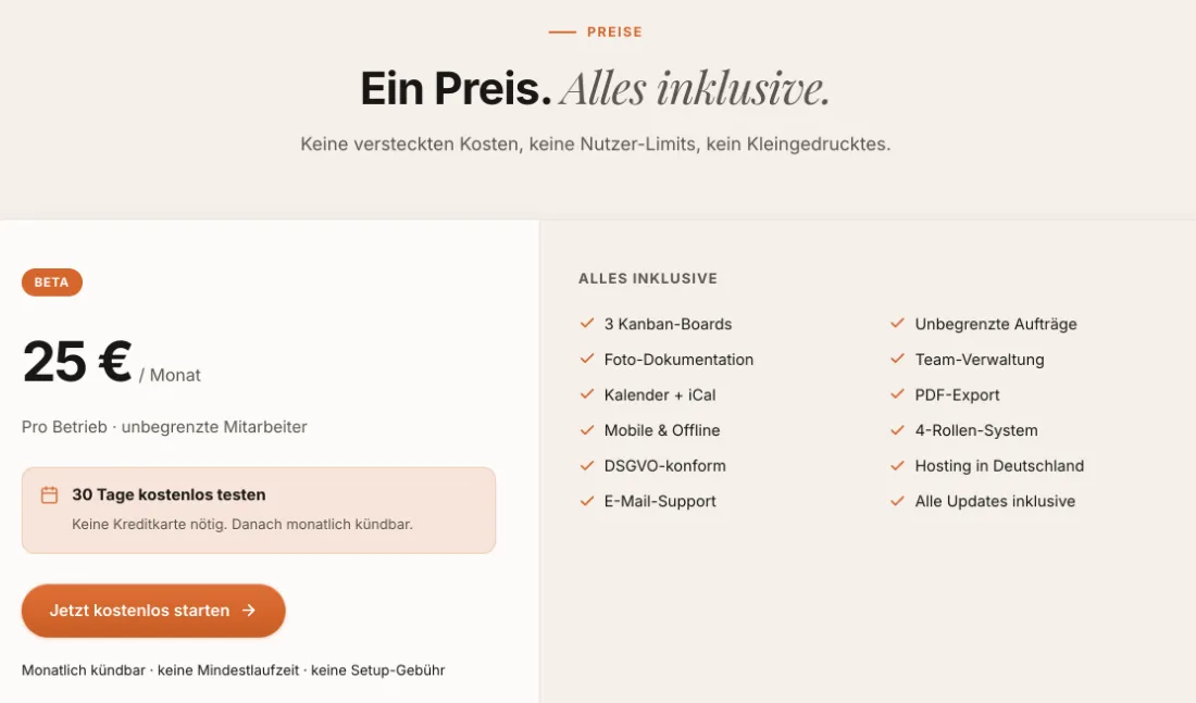 Ausschnitt der Website von myTekton, Gelsenkirchen: 25 € pro Betrieb, 30 Tage ohne Kreditkarte — wer kalkuliert, kennt Fixkosten sofort und kann risikofrei testen.