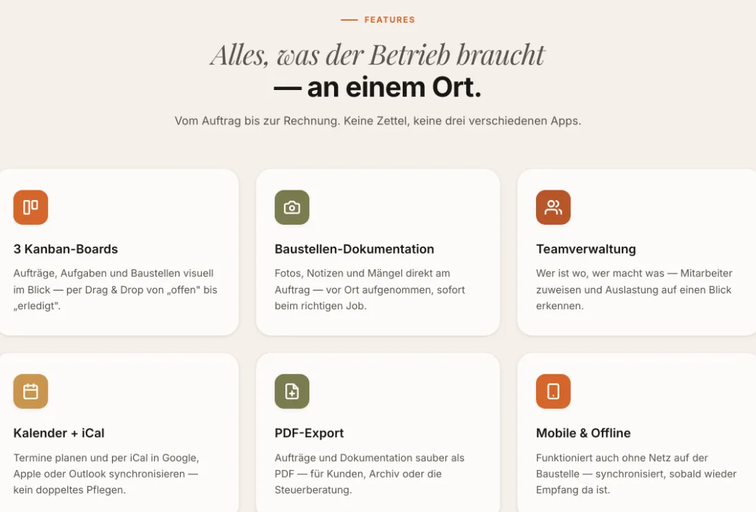 Ausschnitt der Website von myTekton, Gelsenkirchen: Sechs Kacheln mit klaren Kurztexten — wer scannt, erfasst Funktionen wie 3 Kanban-Boards, iCal, PDF-Export in Sekunden.