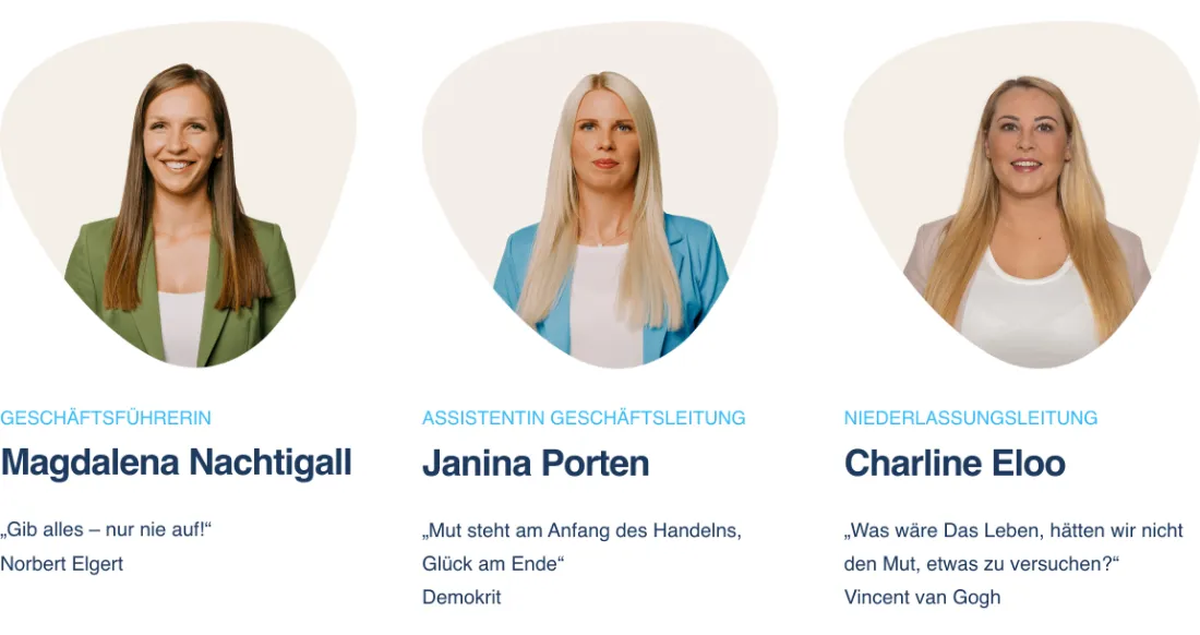 Ausschnitt der Website von NACHTIGALL Medical Team GmbH, Gelsenkirchen: Drei Porträts mit Funktionstiteln und Zitaten — wer prüft, sieht konkrete Kontaktpersonen und versteht Zuständigkeiten sofort.