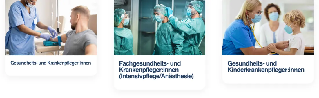 Ausschnitt der Website von NACHTIGALL Medical Team GmbH, Gelsenkirchen: Drei Kacheln mit klaren Berufsbezeichnungen — der Besucher erkennt sofort, ob das Angebot zur gesuchten Qualifikation passt.