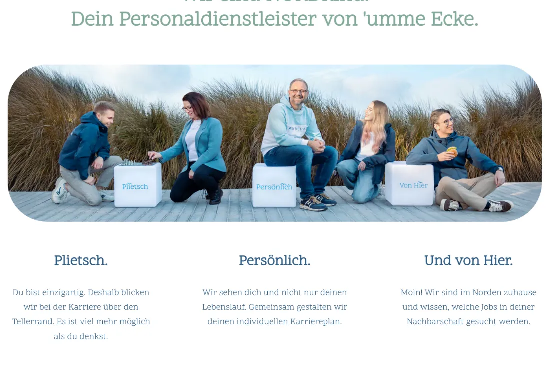 Ausschnitt der Website von NORDkind Recruiting GmbH, Bremen: Drei Werte in klaren Spalten mit kurzen Überschriften — der Besucher erfasst Haltung und Arbeitsweise auf einen Blick.