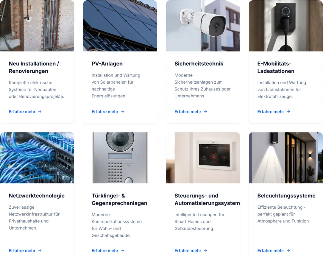 Ausschnitt der Website von NORDTEC Elektrotechnik, Lübeck: Acht klar benannte Leistungsfelder mit Kurztext und 'Erfahre mehr' — wer sucht, findet den passenden Bereich ohne Umwege.