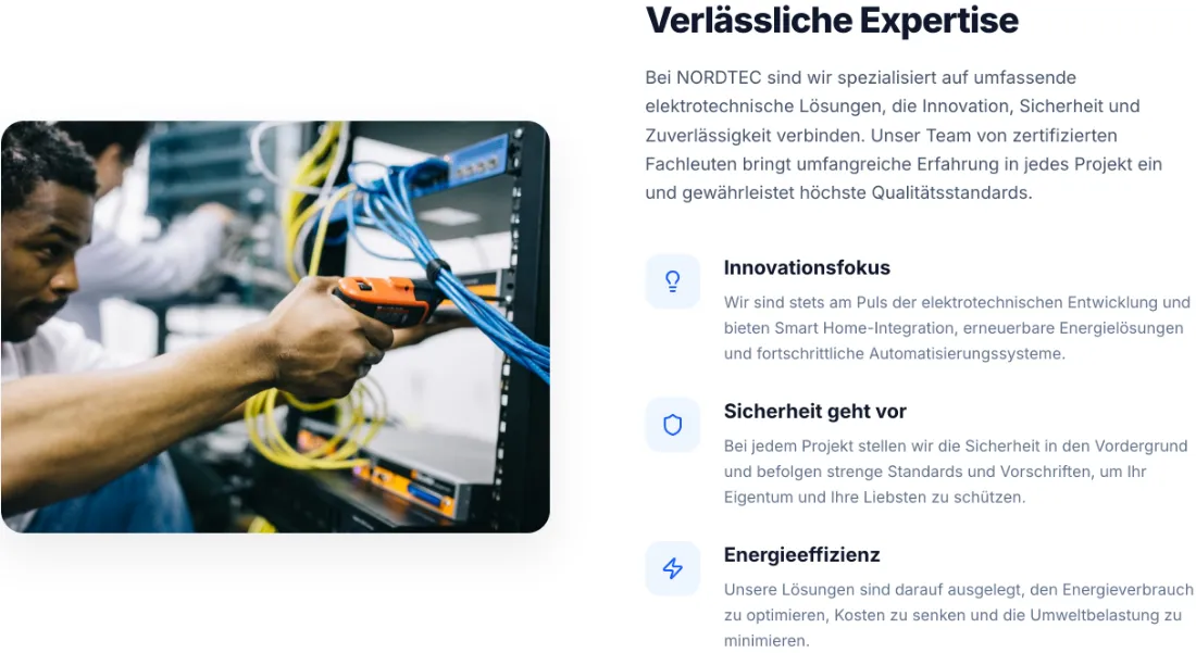 Ausschnitt der Website von NORDTEC Elektrotechnik, Lübeck: Drei klar betitelte Schwerpunkte mit kurzen Erklärungen und Icons — der Besucher versteht auf einen Blick, wofür der Betrieb steht.
