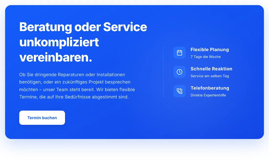 Ausschnitt der Website von NORDTEC Elektrotechnik, Lübeck: Konkrete Versprechen wie '7 Tage die Woche' und 'Service am selben Tag' plus klarer Button — der Besucher weiß sofort, wie er startet.
