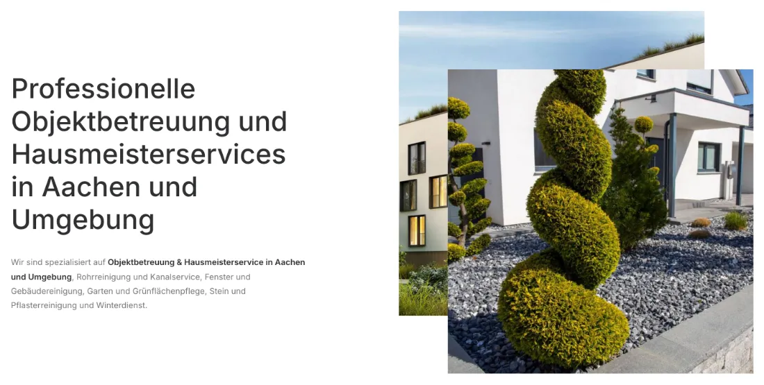 Ausschnitt der Website von Objektbetreuung Aachen, Aachen: Ort und Leistungsfelder stehen ganz oben — wer sucht, erkennt Aachen‑Bezug und 6 konkrete Dienste sofort, ohne Scrollen.