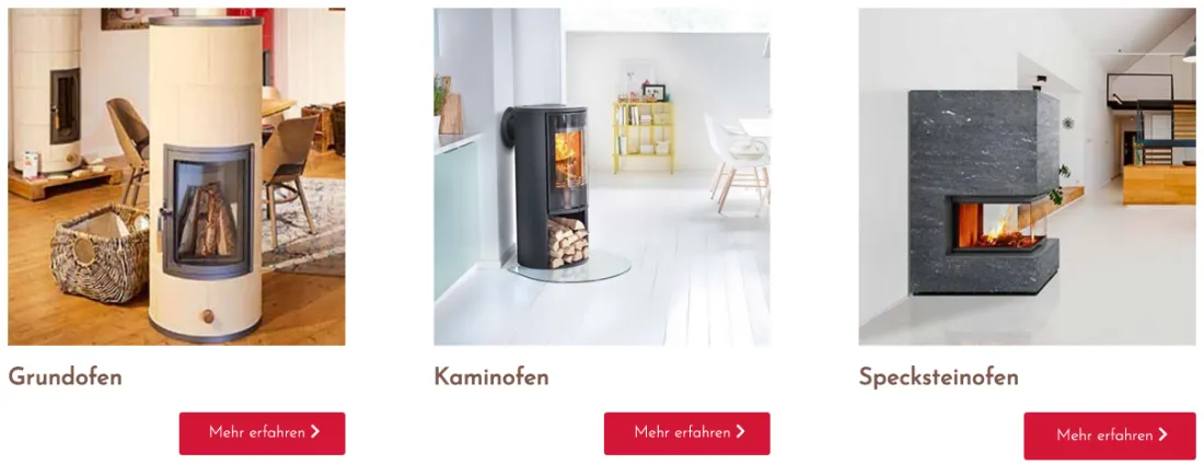 Ausschnitt der Website von Ofenhaus Colnrade, Landkreis Oldenburg: Drei Kacheln mit klaren Kategorien und je einem Button — wer sucht, steigt ohne Umwege in die passende Ofenart ein.