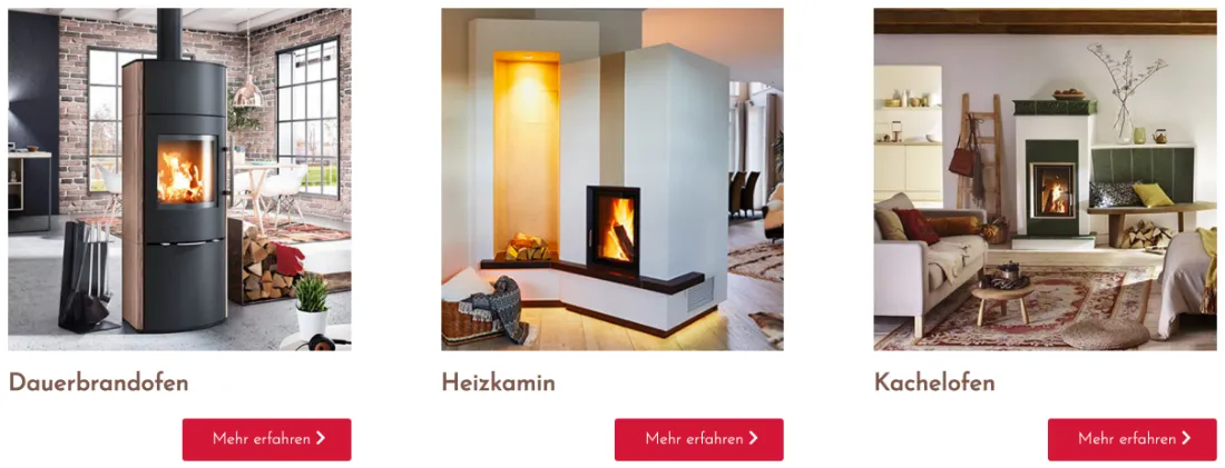 Ausschnitt der Website von Ofenhaus Colnrade, Landkreis Oldenburg: Drei Ofenarten mit identischem Aufbau und 'Mehr erfahren' — der Besucher erkennt Unterschiede und klickt gezielt.