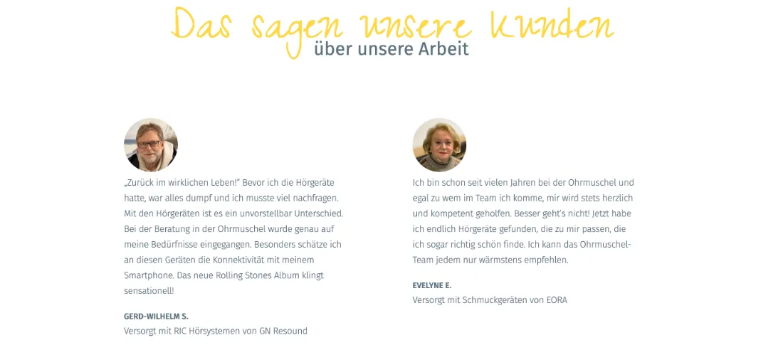 Ausschnitt der Website von Ohrmuschel, Lübeck: Zwei Kundenstimmen mit Porträt und Geräteangabe — wer sucht, erkennt echte Erfahrungen und greifbare Vorteile im Alltag.