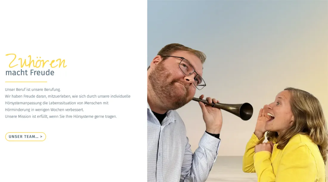 Ausschnitt der Website von Ohrmuschel, Lübeck: Missionstext links und großes Teamfoto rechts — der Besucher bekommt ein Gesicht zum Betrieb und findet den Teamlink schnell.