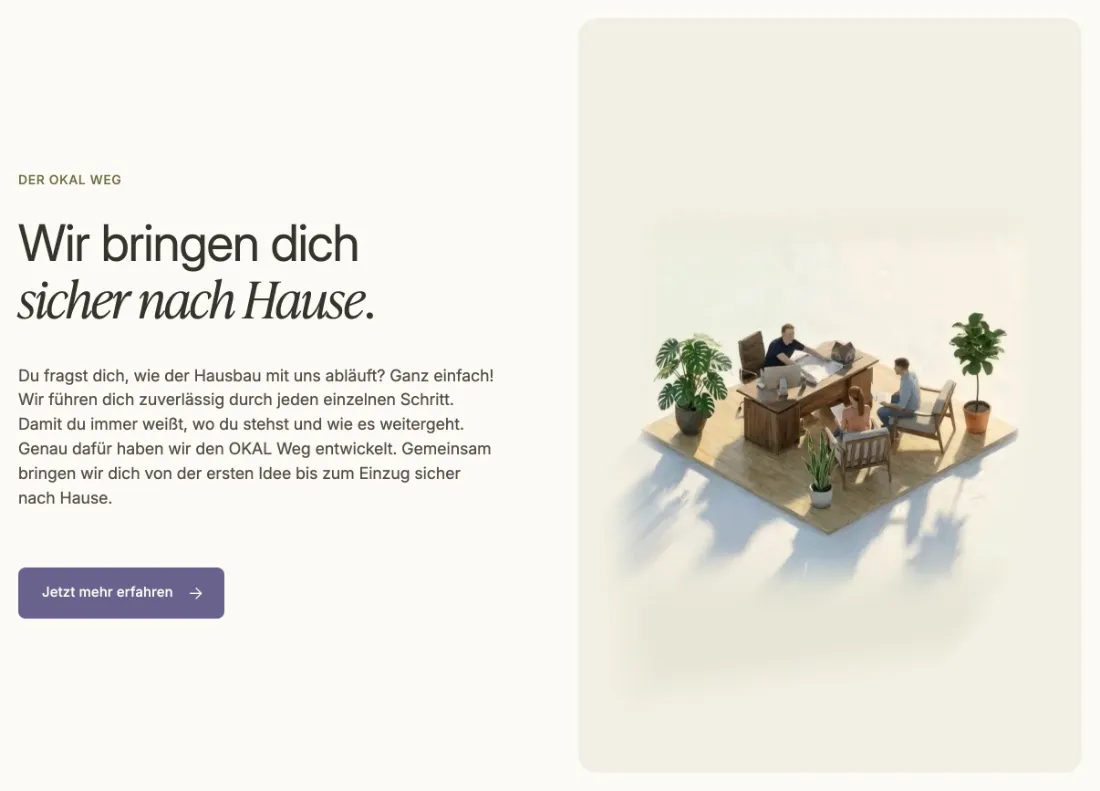 Ausschnitt der Website von OKAL Haus GmbH, Rhein-Hunsrück-Kreis: Frage‑Antwort-Einstieg zur Kernfrage 'Wie läuft Hausbau ab?' — wer sucht, bekommt Orientierung und den nächsten Schritt per Button.