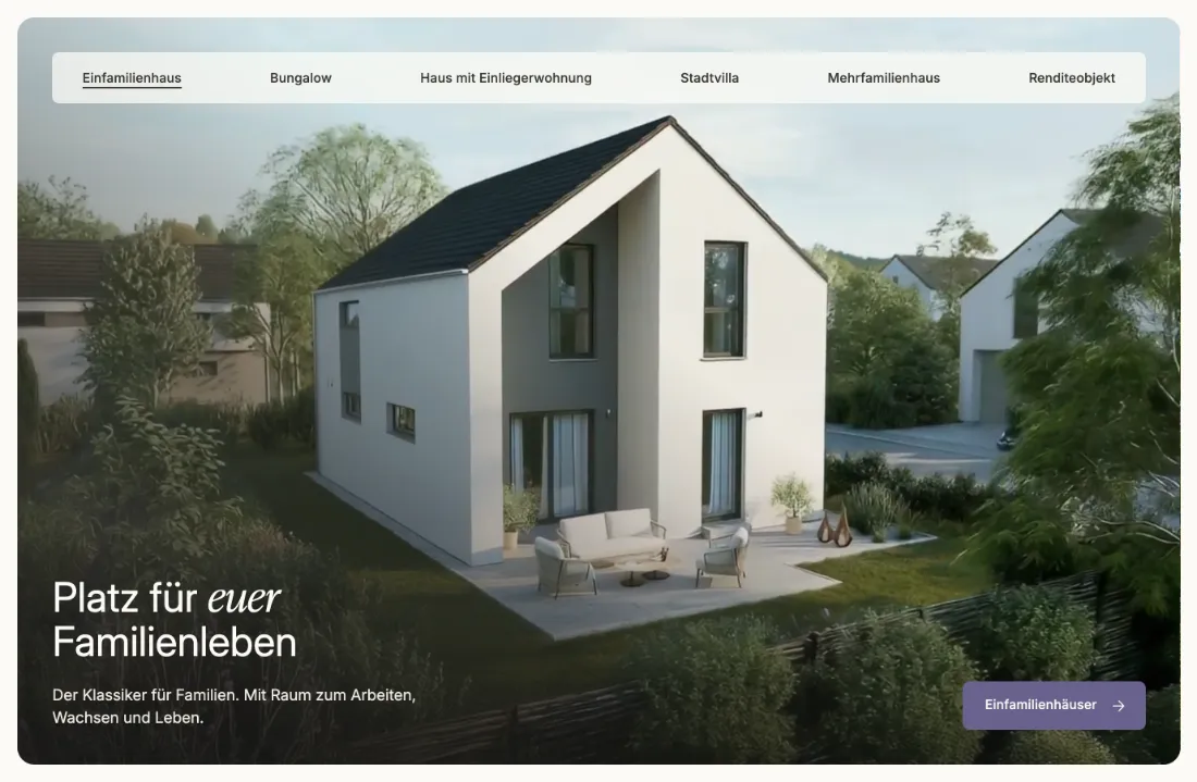 Ausschnitt der Website von OKAL Haus GmbH, Rhein-Hunsrück-Kreis: Sechs Reiter zu Haustypen oberhalb des Bildes — der Besucher filtert per Klick nach Bedarf, ohne Menüsuche oder Fachjargon.