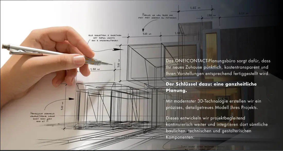 Ausschnitt der Website von ONE!CONTACT-Planungsbüro GmbH, Bochum: Der Text erklärt Vorgehen und 3D‑Modell als Leitfaden — der Besucher versteht Prozess, Umfang und welche Komponenten einfließen.