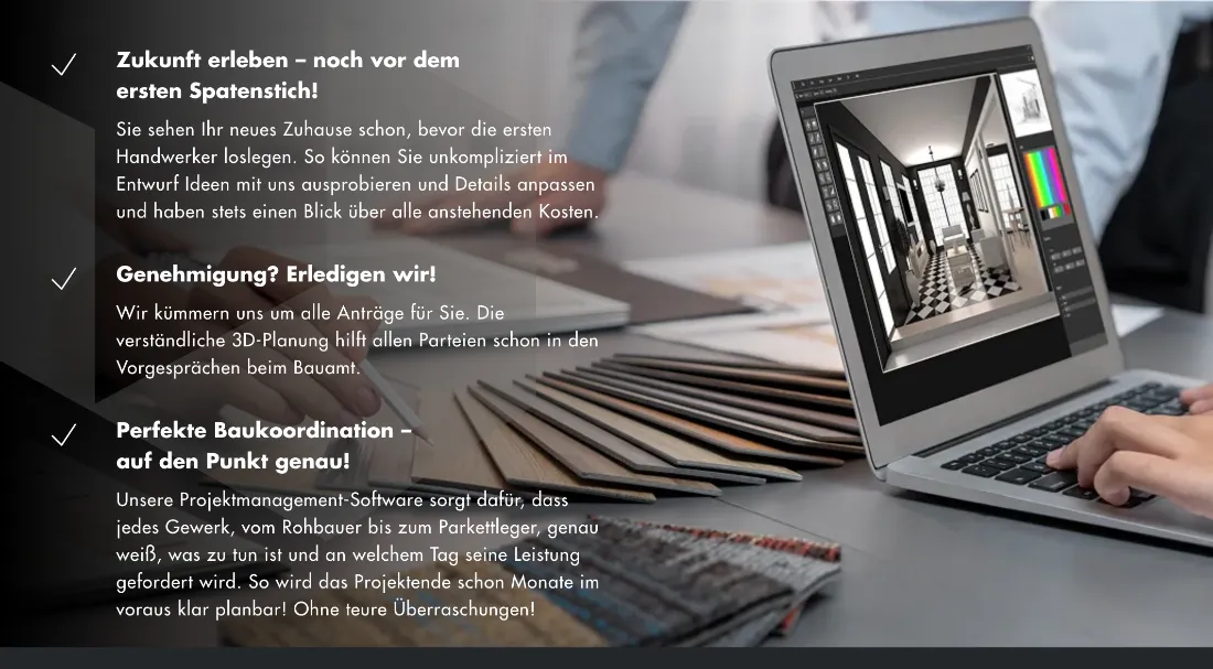 Ausschnitt der Website von ONE!CONTACT-Planungsbüro GmbH, Bochum: Drei Nutzenblöcke zu Visualisierung, Genehmigung und Koordination — der Besucher sieht, was Monate im Voraus planbar wird.