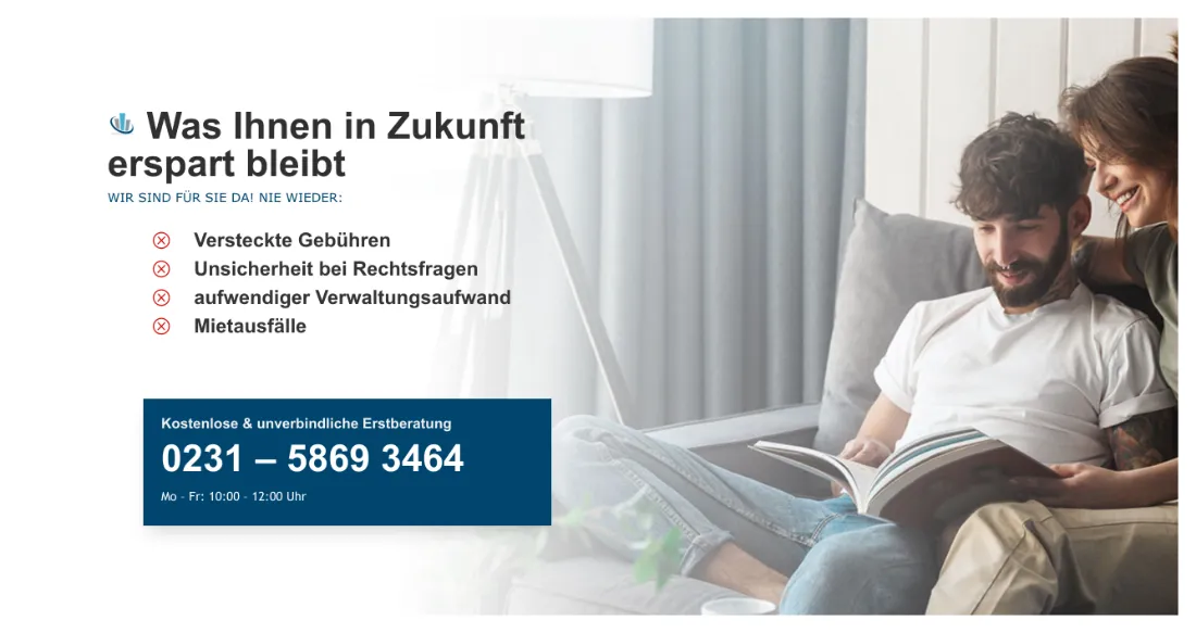Ausschnitt der Website von OPTIMA Immobilien- & Grundstücksverwaltung, Dortmund: Vier klar benannte Risiken senken Vorbehalte; die gut sichtbare 0231-5869 3464 mit Zeit 10–12 Uhr Mo–Fr lädt zum direkten Anruf ein.