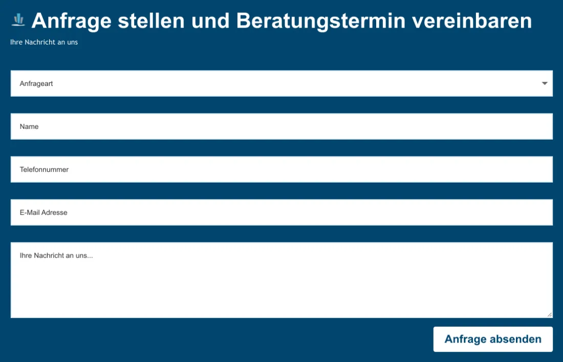 Ausschnitt der Website von OPTIMA Immobilien- & Grundstücksverwaltung, Dortmund: Dropdown zur Anfrageart sortiert Anliegen vorab; Name, Telefonnummer, E-Mail und Nachricht reichen für einen schnellen Rückruf.