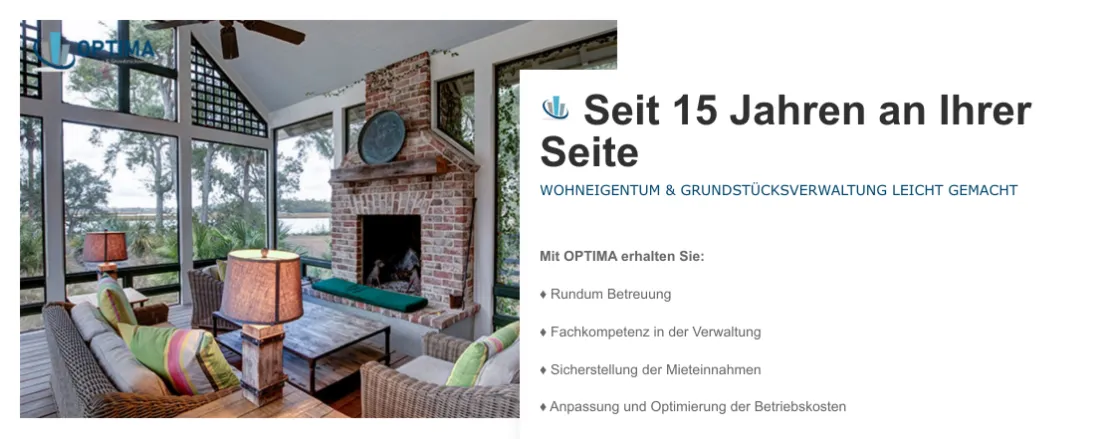 Ausschnitt der Website von OPTIMA Immobilien- & Grundstücksverwaltung, Dortmund: 15 Jahre als klare Zahl geben Orientierung; vier Stichpunkte fassen die Leistungen knapp zusammen — der Besucher muss nichts raten.