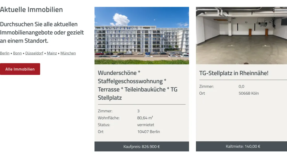 Ausschnitt der Website von PANDION Servicegesellschaft mbH, Köln: Stadt-Links und Karten mit Zimmerzahl, 80,64 m² und Preis 826.900 € — wer sucht, erkennt die Eckdaten vor dem Klick.