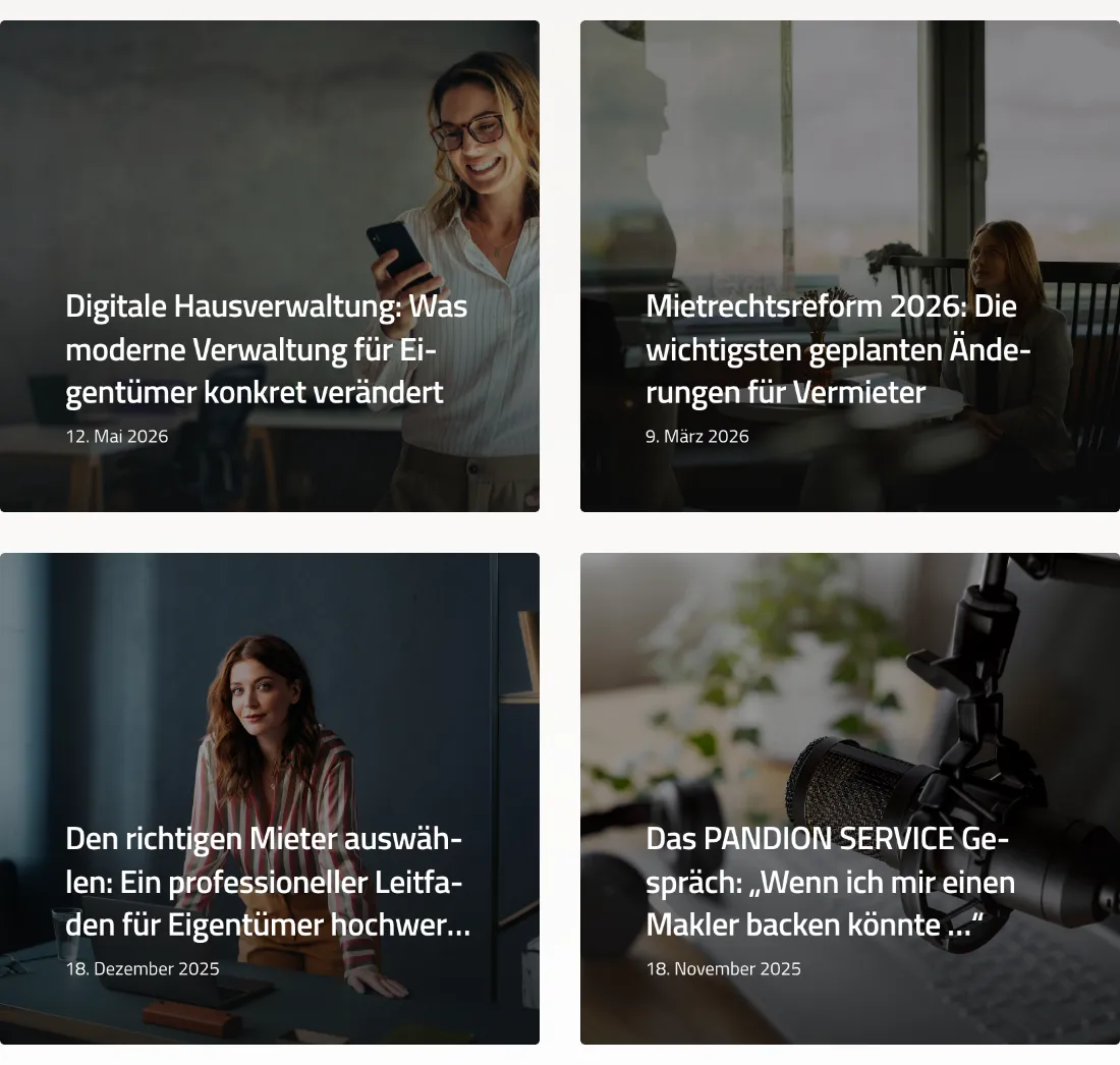 Ausschnitt der Website von PANDION Servicegesellschaft mbH, Köln: Vier Beiträge mit Datum auf der Kachel — wer recherchiert, prüft Aktualität sofort und findet Themen wie Mietrechtsreform 2026.