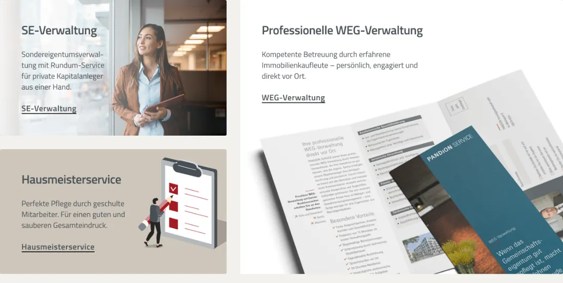 Ausschnitt der Website von PANDION Servicegesellschaft mbH, Köln: Drei klar getrennte Leistungen — wer einordnet zwischen SE-, WEG- und Hausmeisterservice, landet mit einem Klick im passenden Bereich.