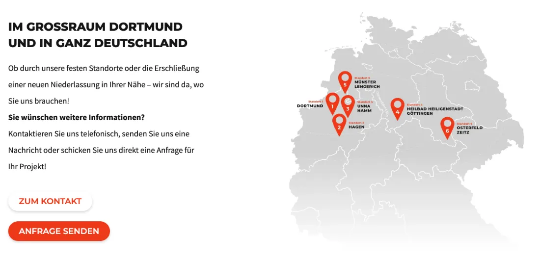 Ausschnitt der Website von Pasternak Personal GmbH, Kreis Unna: Karte mit sechs markierten Standorten und zwei klaren Kontaktwegen — wer sucht, erkennt die Abdeckung und fragt ohne Umwege an.