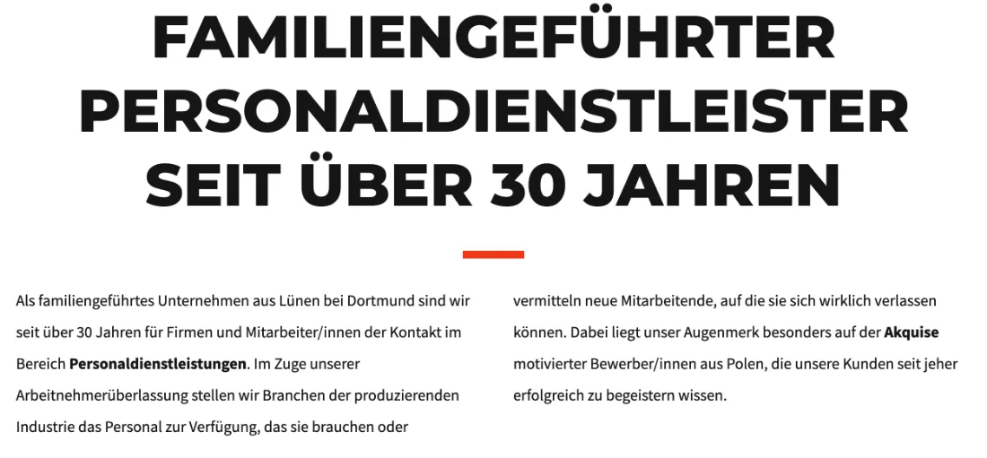 Ausschnitt der Website von Pasternak Personal GmbH, Kreis Unna: Knappe Headline mit „über 30 Jahren“ und familiengeführt, darunter präziser Leistungsrahmen — der Besucher ordnet Erfahrung und Rolle in Sekunden ein.
