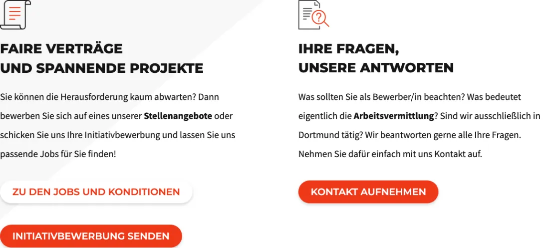 Ausschnitt der Website von Pasternak Personal GmbH, Kreis Unna: Zwei Spalten mit klaren Texten und drei Buttons — wer Jobs sucht oder nur Fragen hat, wählt den passenden nächsten Schritt ohne Suchen.