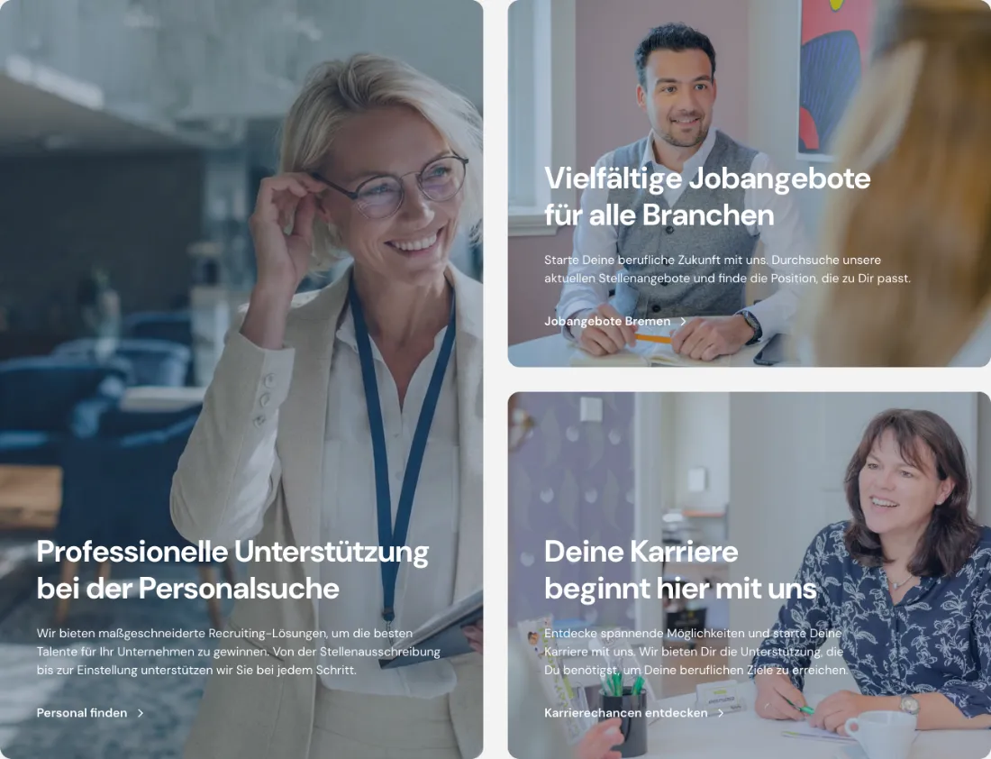 Ausschnitt der Website von Pensum Bremen, Bremen: Drei Kacheln für Firmen, Jobs und Karriere — wer sucht, erkennt sofort den passenden Pfad und muss nichts herumklicken.