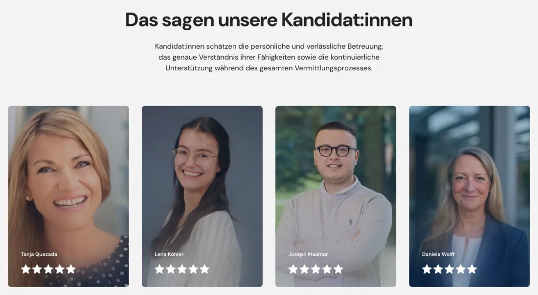 Ausschnitt der Website von Pensum Bremen, Bremen: Vier Profile mit jeweils 5 von 5 Sternen — der Besucher erkennt sichtbares Feedback auf einen Blick und gewinnt schneller Vertrauen.
