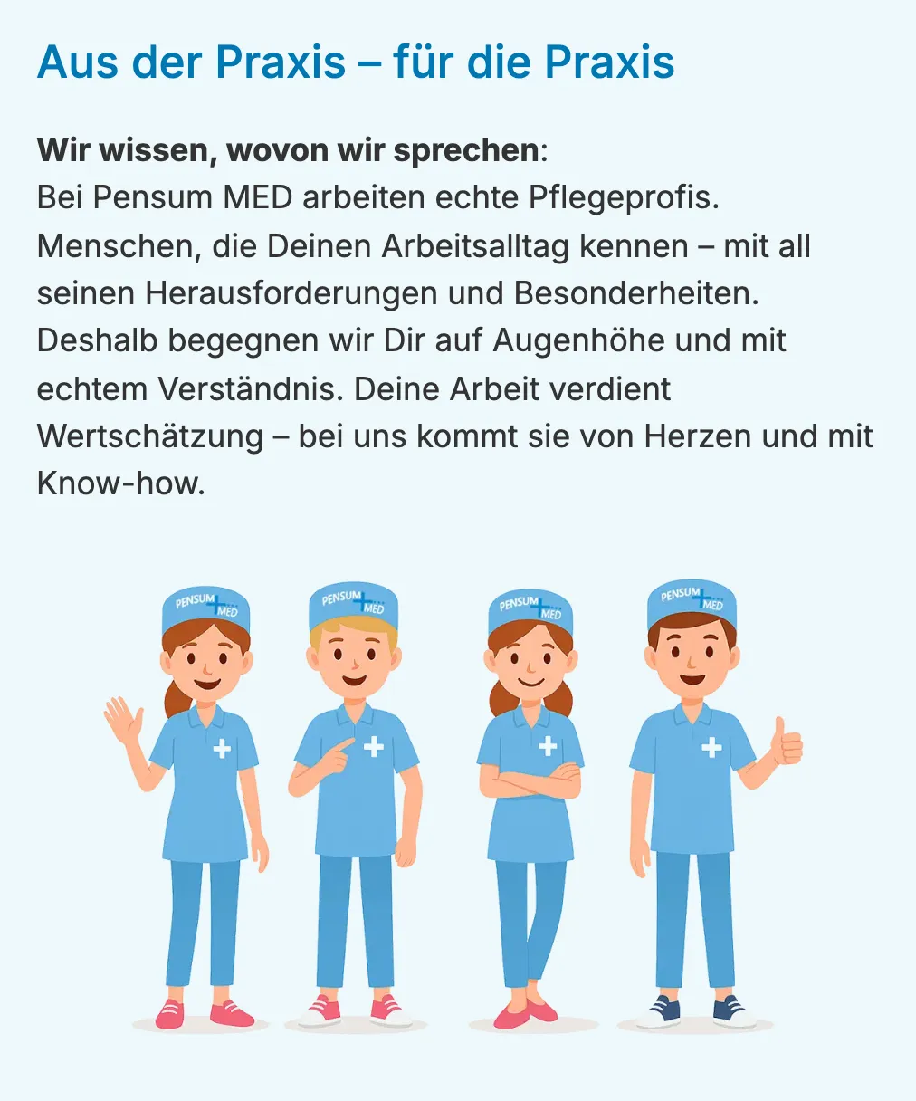 Ausschnitt der Website von Pensum MED GmbH, Stuttgart: Konkrete Aussage zum Team aus Pflegeprofis — wer sucht, erkennt Fachnähe und kann die Versprechen besser einordnen.
