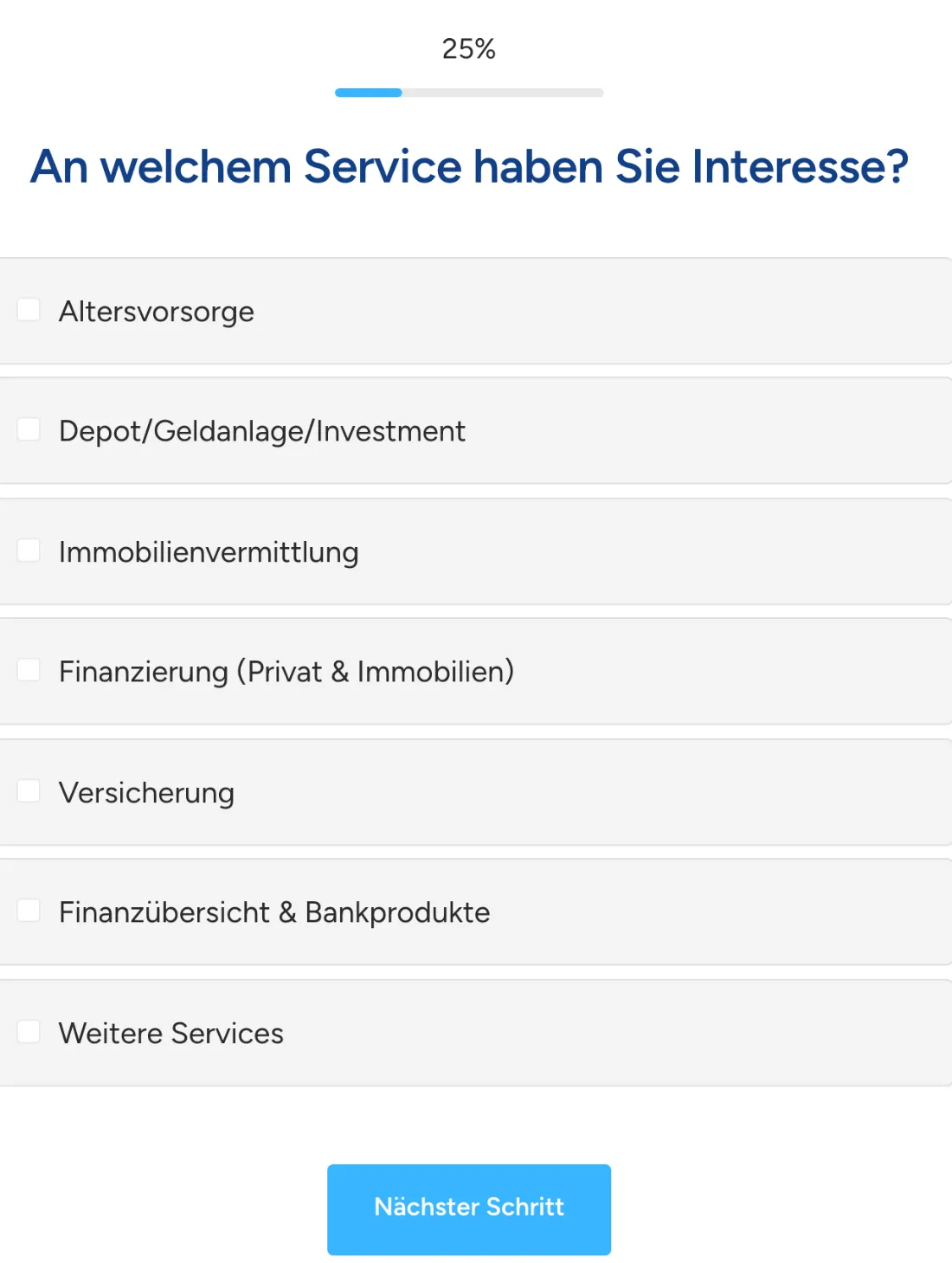 Ausschnitt der Website von PFS Professional Financial Solutions, Rhein-Sieg-Kreis: Sieben auswählbare Services mit Fortschrittsanzeige bei 25 % — der Besucher kennt den Aufwand und klickt sich schnell zum Ziel.