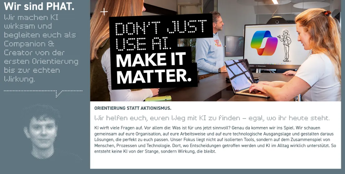 Ausschnitt der Website von PHAT CONSULTING GmbH, Hamburg: Kontrastreicher Leitsatz und Unterzeile erklären in 2 Sätzen, was geboten wird — der Besucher muss nichts erraten.