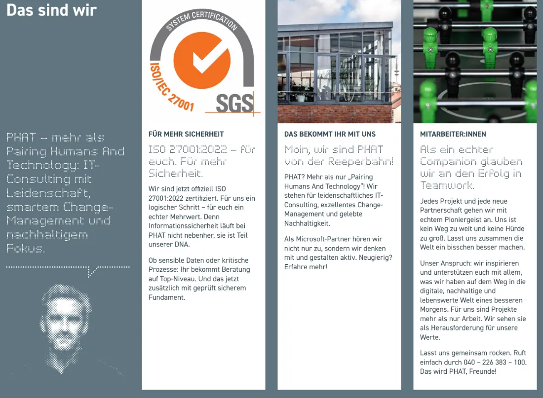 Ausschnitt der Website von PHAT CONSULTING GmbH, Hamburg: Vier Spalten mit Überschriften bündeln Vorstellung, ISO‑27001:2022‑Nachweis und Eindrücke — wer scannt, findet schnell den Einstieg.