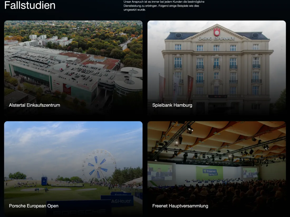Ausschnitt der Website von Phoenix Security GmbH, Kreis Herzogtum Lauenburg: Vier Fallstudien im Raster mit Titeln — wer vergleicht, erkennt die Bandbreite der Einsätze und findet schnell ähnliche Projekte.