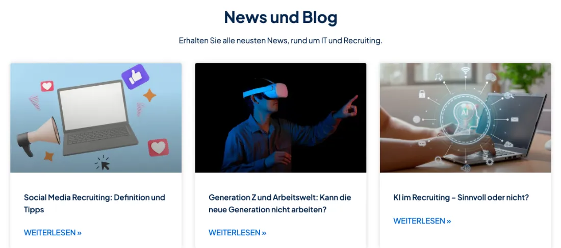 Ausschnitt der Website von Platri IT GmbH, Bochum: Drei Blog-Kacheln mit klaren Überschriften und 'Weiterlesen'—wer recherchiert, wählt Themen schnell und taucht tiefer ein.
