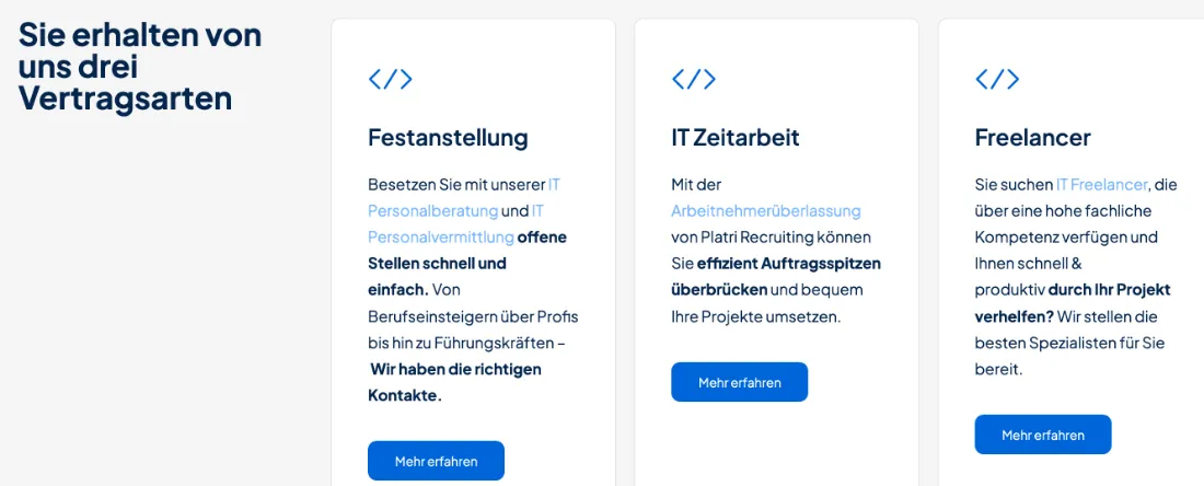 Ausschnitt der Website von Platri IT GmbH, Bochum: Drei Vertragsarten nebeneinander mit kurzen Erklärungen und Buttons—der Besucher vergleicht Modelle sofort und klickt gezielt weiter.