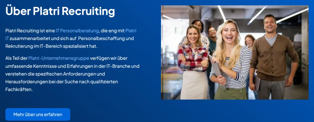 Ausschnitt der Website von Platri IT GmbH, Bochum: Über-uns-Text nennt Spezialisierung und Gruppenzugehörigkeit samt Link—so versteht der Besucher rasch den Kontext und kann vertiefen.