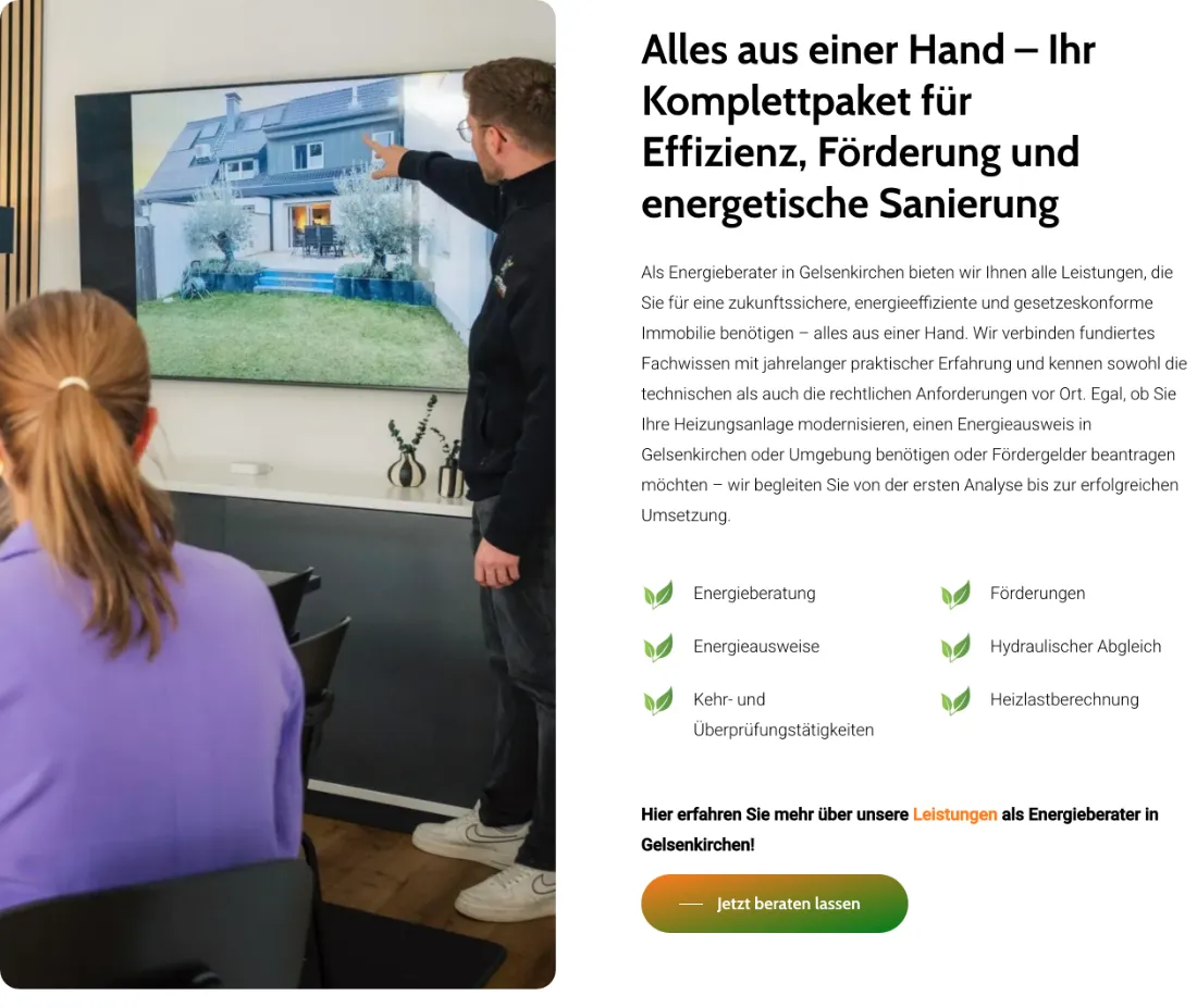 Ausschnitt der Website von POTTFEGER Energieberater, Gelsenkirchen: Sechs Leistungen mit Piktogrammen gelistet — wer sucht, erkennt in Sekunden, ob Beratung, Ausweis, Förderung oder Abgleich drin ist.