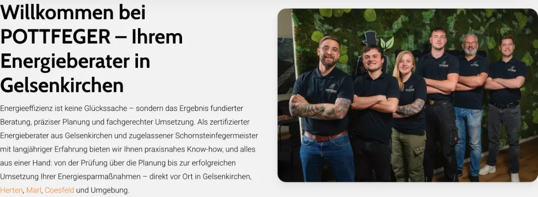 Ausschnitt der Website von POTTFEGER Energieberater, Gelsenkirchen: Regionen klar genannt: Gelsenkirchen, Herten, Marl, Coesfeld — der Besucher weiß sofort, ob der Einsatzbereich passt.