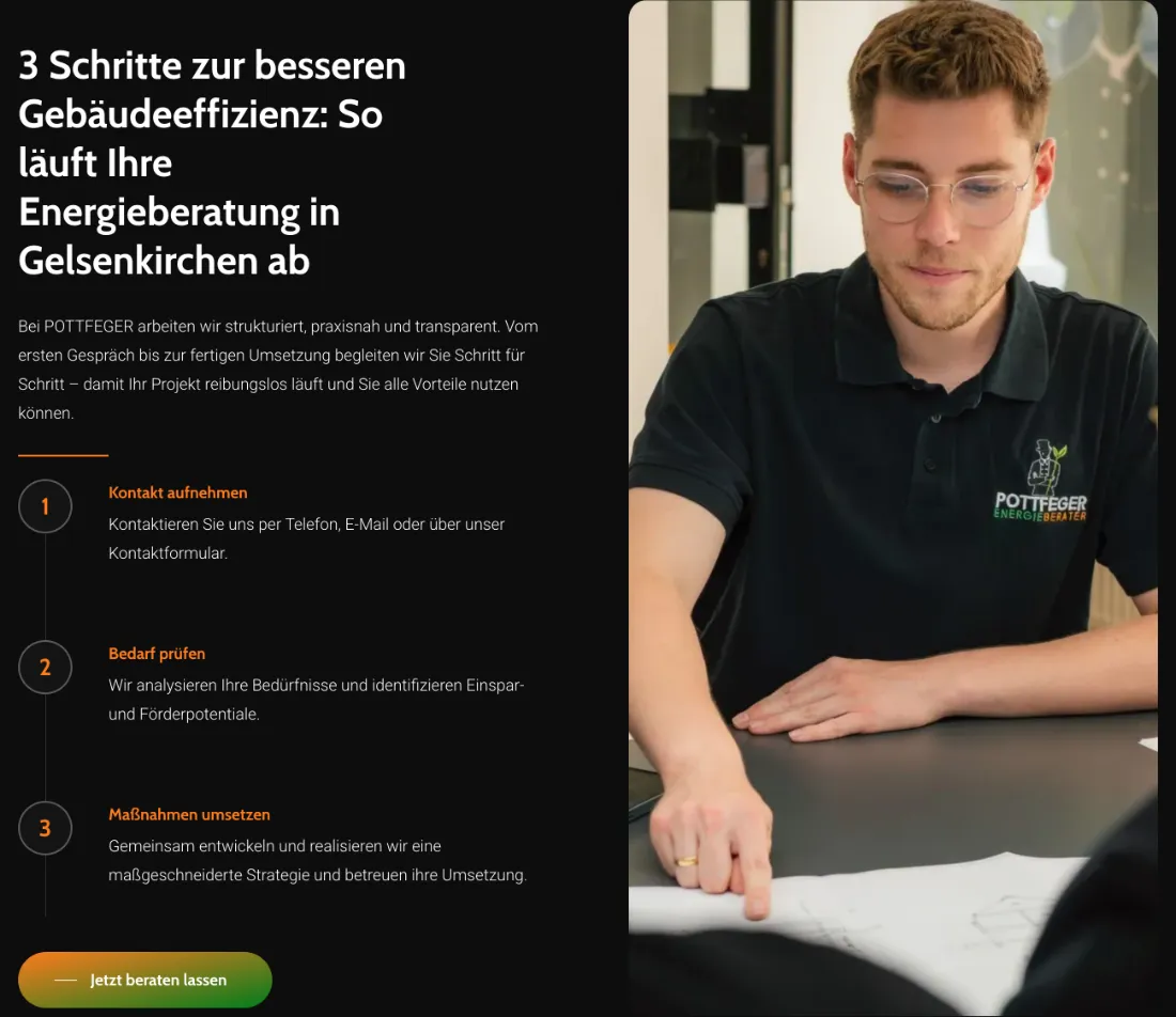 Ausschnitt der Website von POTTFEGER Energieberater, Gelsenkirchen: Drei klar nummerierte Schritte — Kontakt, Bedarf, Umsetzung: der Ablauf ist nachvollziehbar und nimmt Unsicherheit aus dem Prozess.