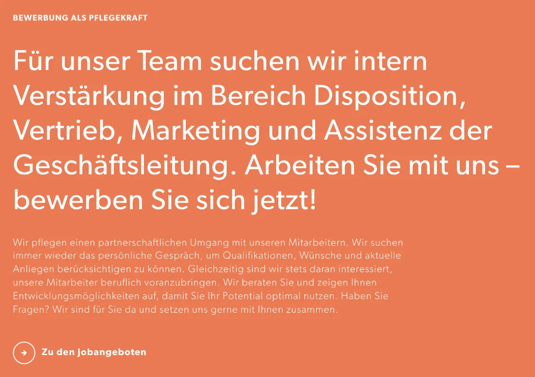 Ausschnitt der Website von PPS Personal GmbH, München: Vier Bereiche werden konkret benannt — wer eine interne Stelle sucht, erkennt sofort die Optionen und gelangt per Button direkt zu Jobs.