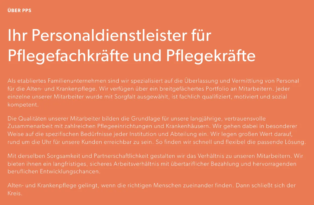 Ausschnitt der Website von PPS Personal GmbH, München: Die Überschrift sagt in sechs Wörtern, was angeboten wird — Besucher ordnen Leistung und Zielgruppe sofort ein, ohne zu scrollen.