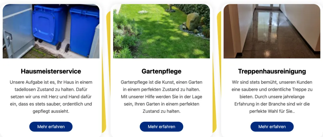 Ausschnitt der Website von Prima Hausmeisterservice München, München: Drei Leistungen in gleicher Kartenform, je mit Bild und 'Mehr erfahren' — der Besucher erkennt Angebot und nächsten Schritt sofort.