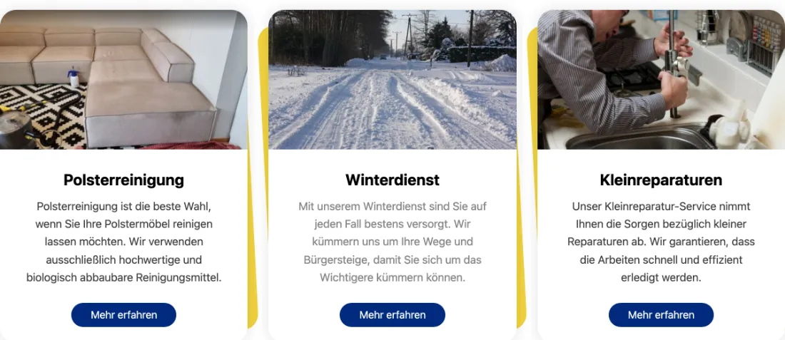 Ausschnitt der Website von Prima Hausmeisterservice München, München: Drei weitere Services im selben Raster mit Button — wer sucht, findet die passende Detailseite ohne Rätseln und Umwege.