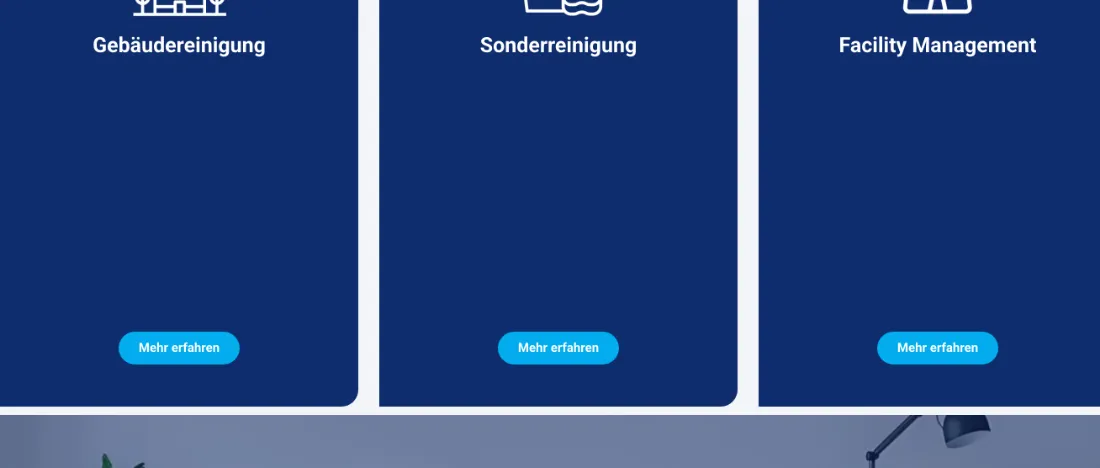 Ausschnitt der Website von ProExpert Company GmbH, Kreis Mettmann: Drei klar getrennte Kacheln mit je einem Mehr-erfahren-Knopf — wer sucht, findet den passenden Einstieg ohne Umwege.