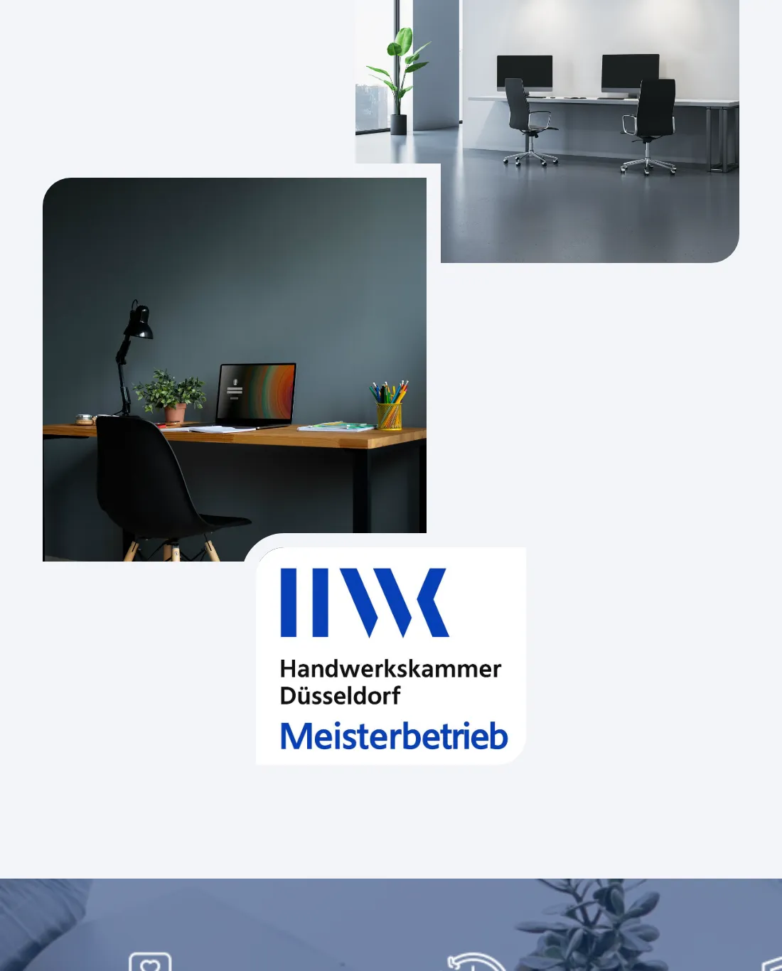 Ausschnitt der Website von ProExpert Company GmbH, Kreis Mettmann: Das Siegel „Handwerkskammer Düsseldorf – Meisterbetrieb“ steht sichtbar neben Bildern — die Qualifikation ist belegt, nicht nur behauptet.