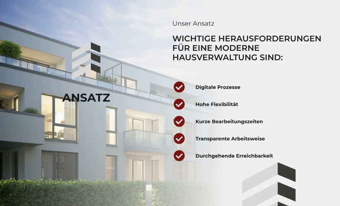 Ausschnitt der Website von PROMA Hausverwaltung GmbH, Stuttgart: Fünf klar benannte Punkte mit Häkchen — wer sucht, erkennt Erwartungen und prüft in Sekunden, ob Angebot passt.