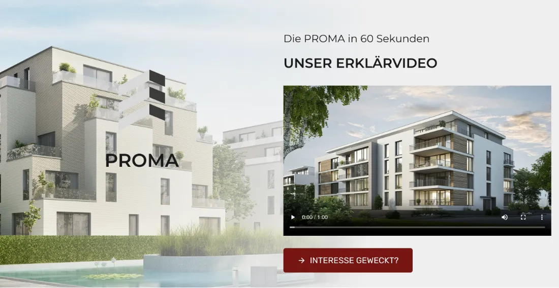 Ausschnitt der Website von PROMA Hausverwaltung GmbH, Stuttgart: Ein 60‑Sekunden‑Video erklärt das Angebot — der Aufwand ist klar, und mit 'Interesse geweckt?' folgt der nächste Klick sofort.